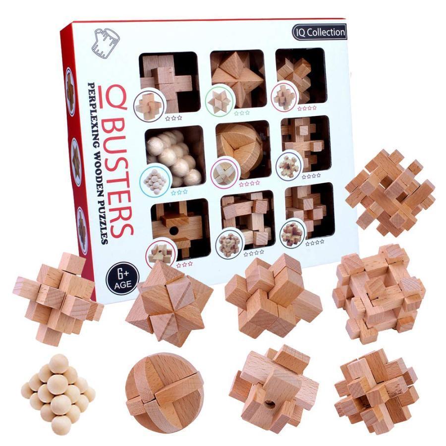 孔明パズル 脳トレ 木製パズル 立体パズル 知恵おもちゃ 9pcsセット木製古典 大人 子供 パズル おもちゃ